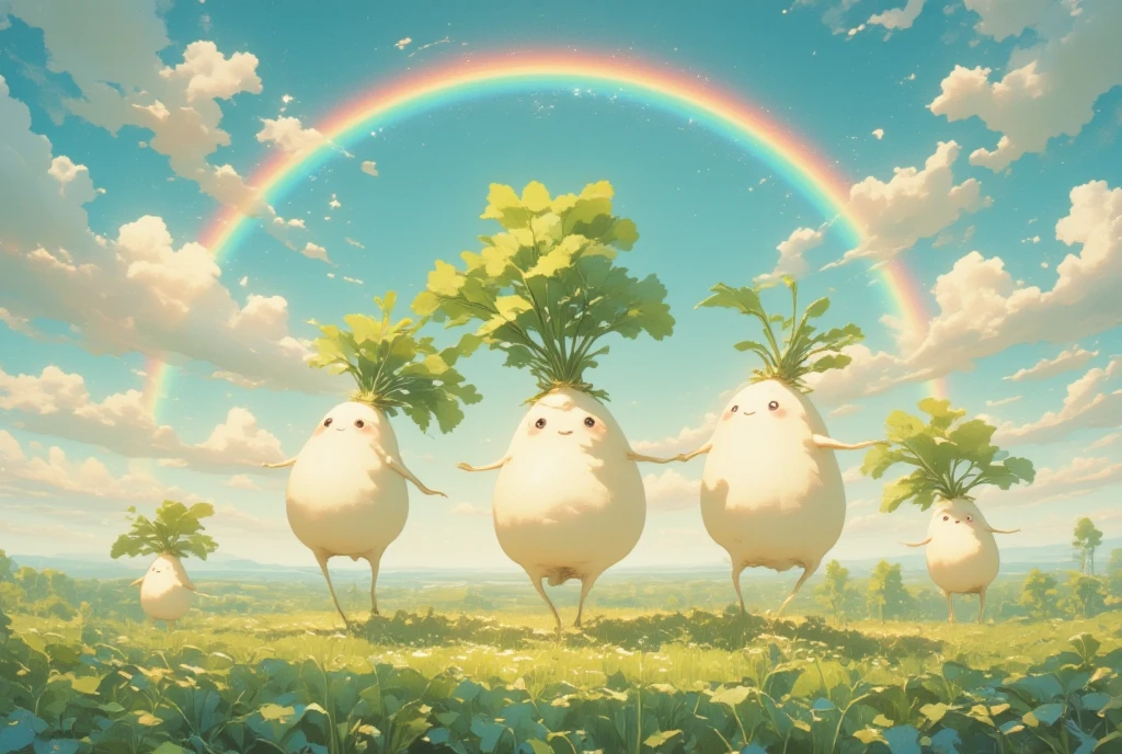 ( DANCING DAIKON CHARACTERS,DAIKON GROUP ,mooli,Daikon radish),Daikon Field Scenery ,Big rainbow in the sky, photorealistic, Photo Junior,beautiful, glitter,Pastoral,happiness,