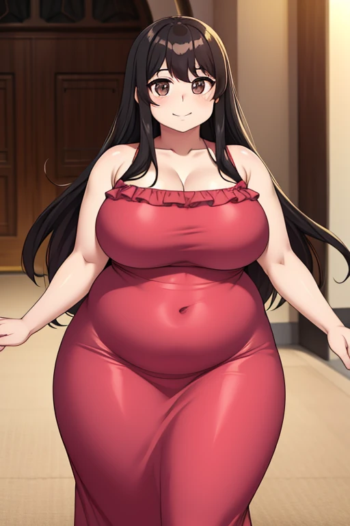 Chubby big breasts black hair brown eyes happy long hair messy smile derdere long pink dress with gold details