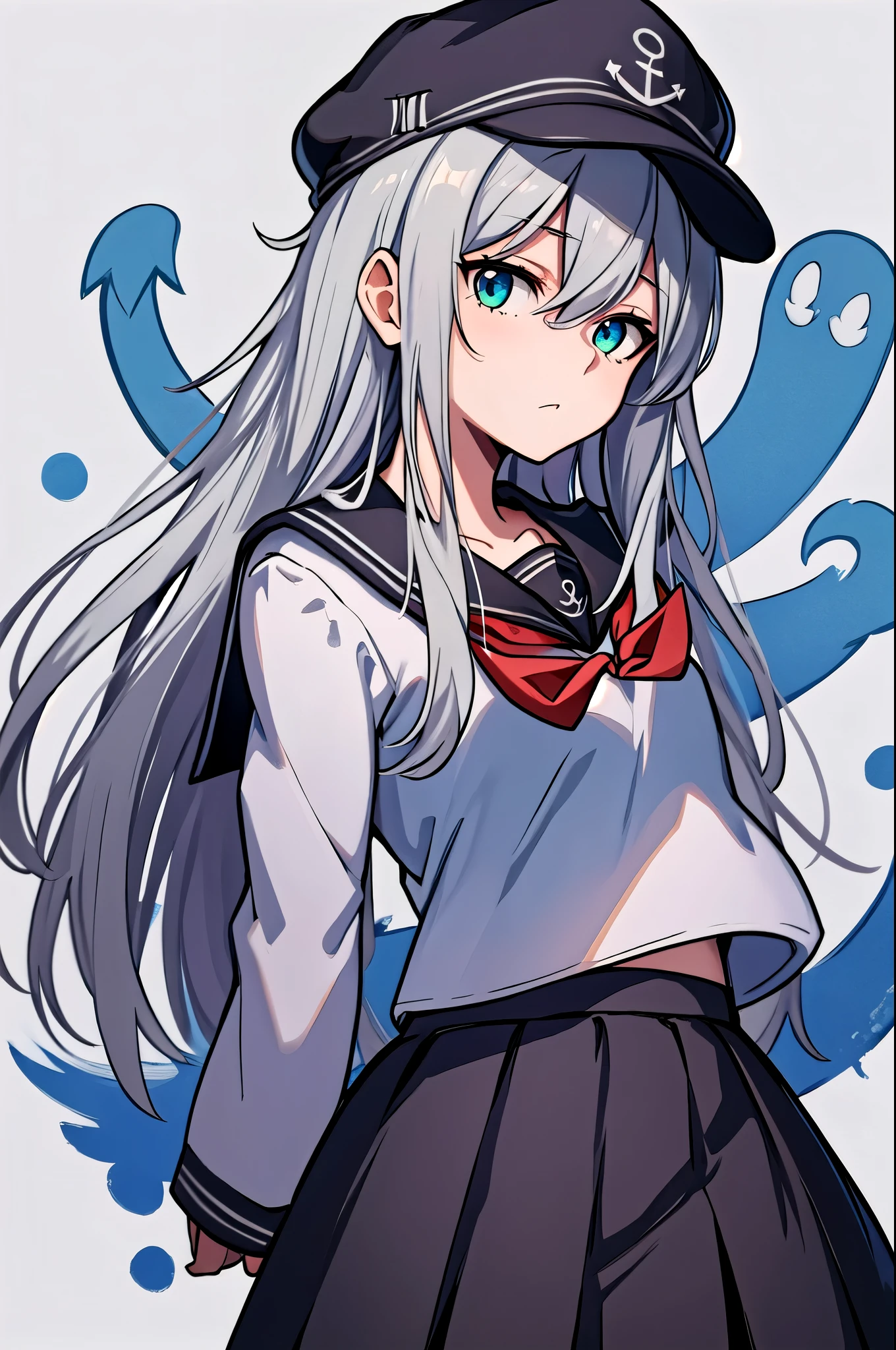  best quality, masterpiece,  high definition , Alone, {Hibiki_ kantaicolection :1.15}, length_hair, green_eye, , hair_between_eye, Seraph, gray_hair, hin, white_hair, anchor_symbol,  1 girl , black_ headwear, black_Sailor_ color, black_ skirt, flin_ cap, length_sleeve,  Neckerchief , pleined_ skirt, red_ Neckerchief , Sailor_ color, School_uniform,  skirt, cowboy_shot, white_background, Simple_background, black_太ももまin丈の靴下, Watching_in_ viewer,   skirtめくり、( panties)