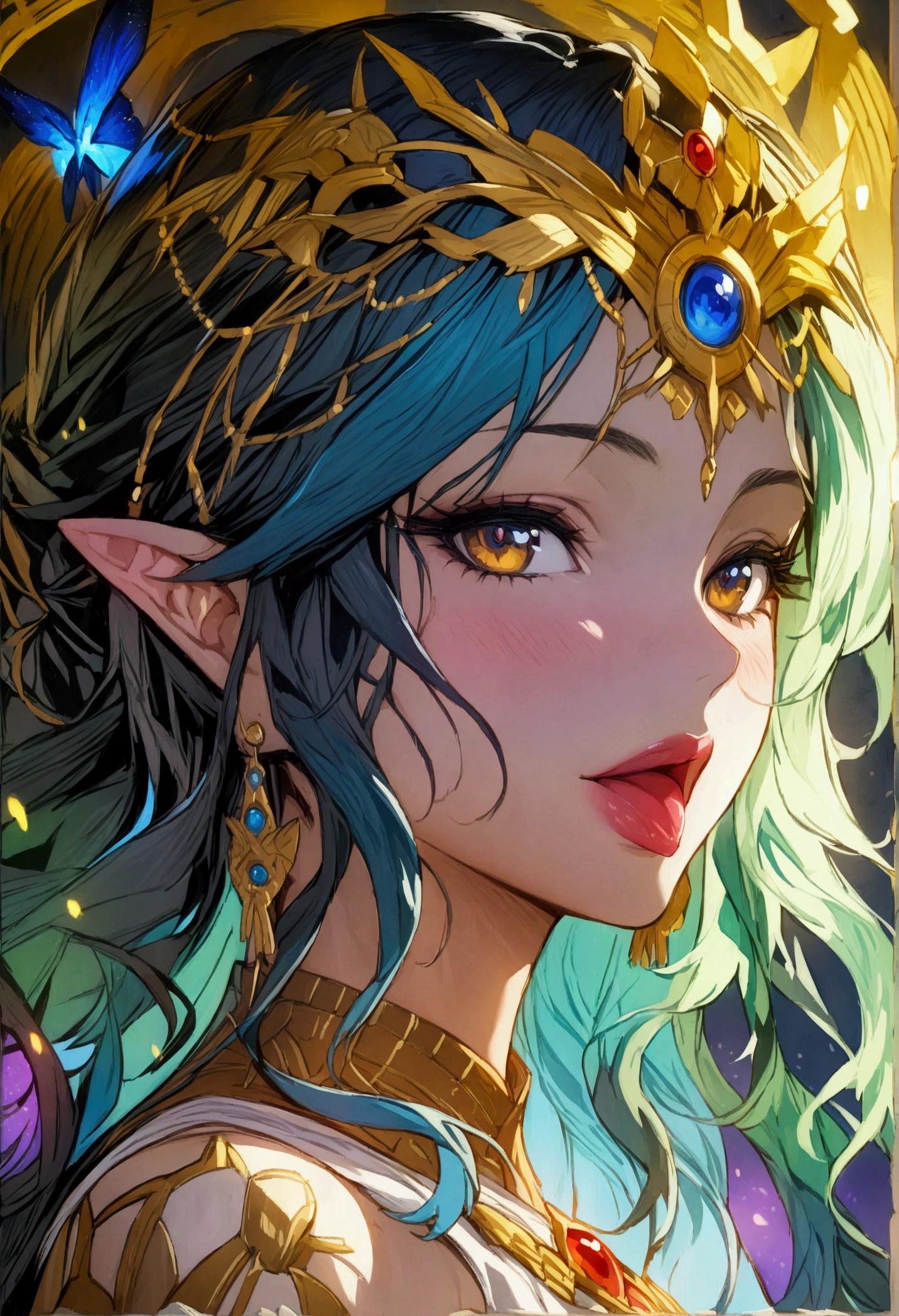 ((highest quality)),(ultra high resolution),(Super detailed),(detailed description),((best CG)),(best work of art),super precision art,amazing drawing art,(Oriental fantasy art with precise details:1.5), (1 woman:1.6),(beautiful and well-shaped face:1.6),(colorful patterned costumes:1.6),Accurate and detailed accessories,crown of wings:1.5