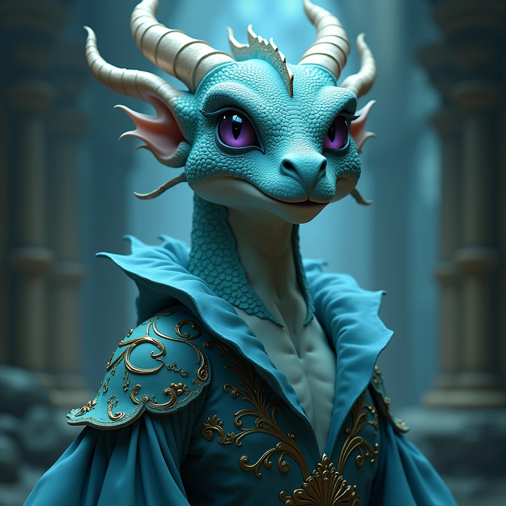 artistic, holyquality, dragon, detailed scales,, smile, blue eyes, (purple body), head shot portrait, detailed background, female,  clothed, sfw