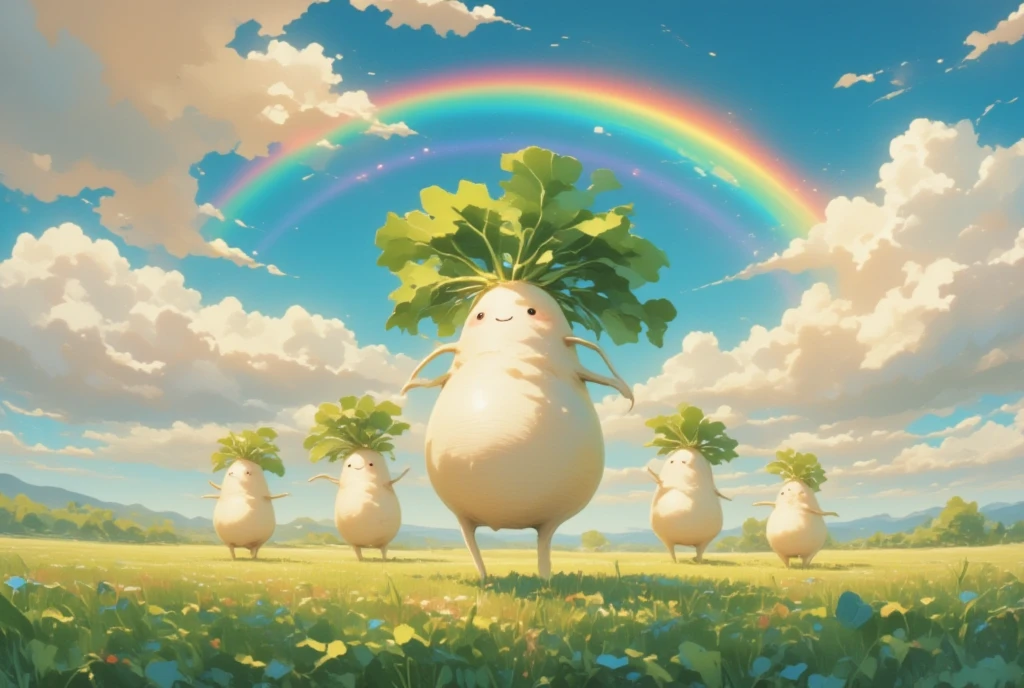 (DANCING DAIKON CHARACTERS,daikon family ,mooli,Daikon radish),Daikon Field Scenery ,Big rainbow in the sky, photorealistic, Photo Junior,beautiful, bling,Pastoral,happiness,