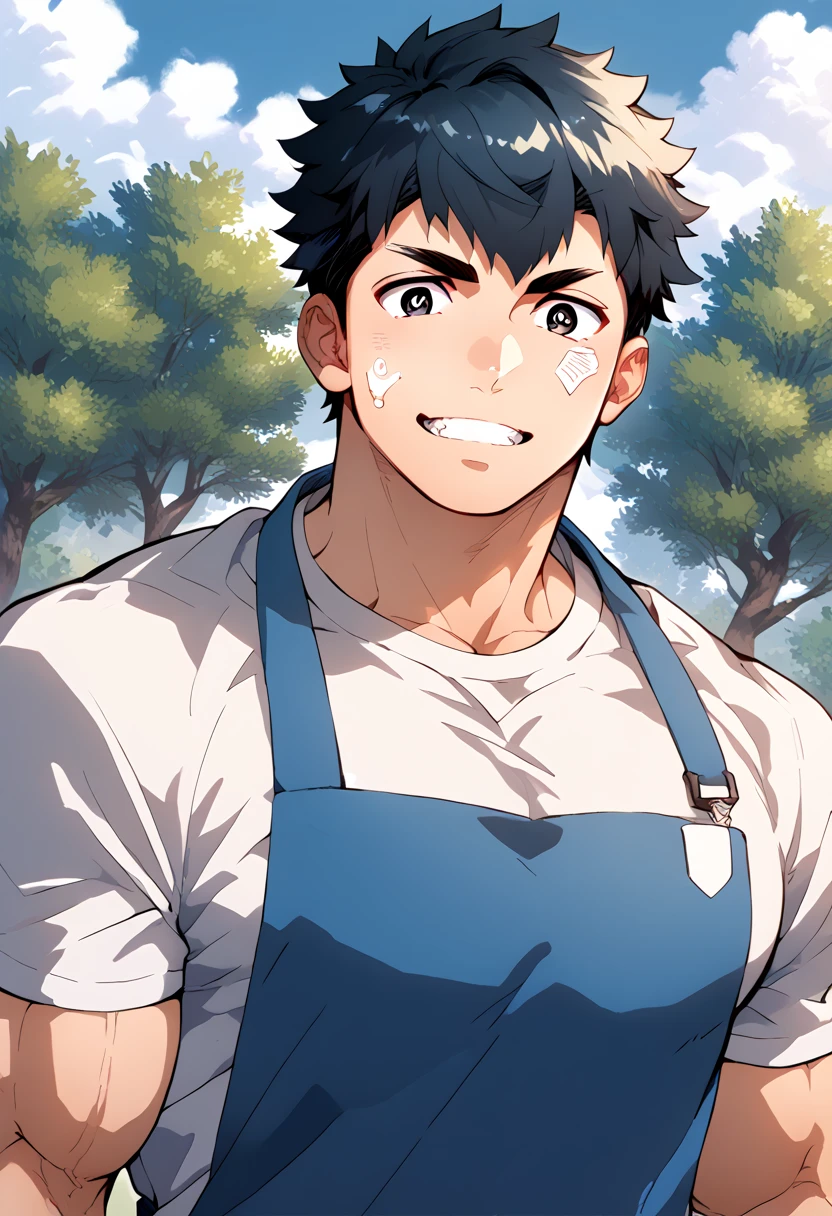 Delicate eyes and delicate face, 1 boy, 18 years old, handsome face, pure and cute face, Detailed face, Kindergarten teacher, Casual white T-shirt, Blue apron, cute, Male focus, muscular, muscular male, Chest muscles, black short hair, black eyes, detailed eyes, Solo, Solitary, Full upper body angle