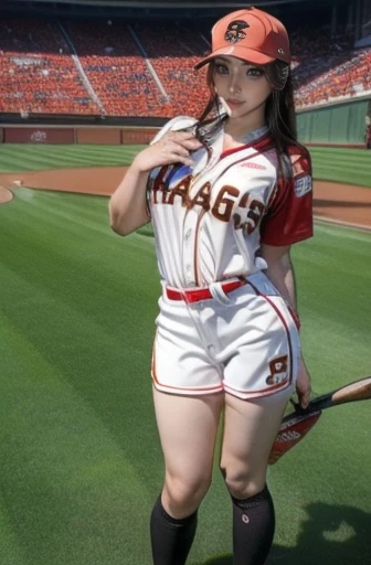 A very beautiful woman wearing a Hiroshima Carp uniform,Hitting at Giants Stadium、 bat