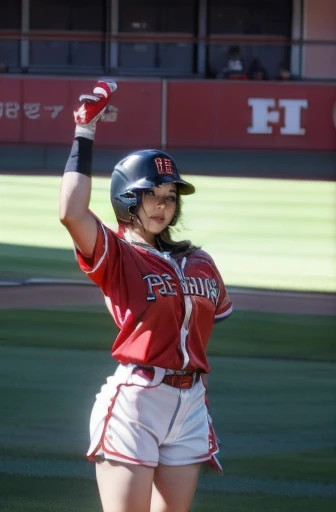 A very beautiful woman wearing a Hiroshima Carp uniform,Hitting at Giants Stadium、 bat