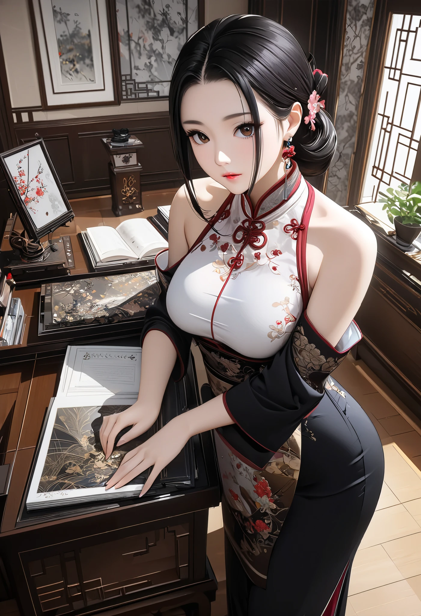 (masterpiece,  best quality, High image quality, 8k,  high definition ),  beautiful young woman, One person,  Long Black Hair , Tie up at the back,  most beautiful woman with hanging eyes, Beautiful brown eyes, Beautiful pink lips,  anatomically beautiful figure, Mid-chest,  traditional Chinese dress,  shoulder, sleeve ,  Necklaces ,  earrings for a woman alone,  Chinese-style Interior , Dispatch items, A Millionaire's Home , Spacious interior, There is a desk, There is a book,  chair with an inamic angle,  reading a book at the desk, There is a pen holder on the desk , Depiction from oblique and slightly above, Angle from the front,  watching here,  Detailed Illustration Art ,  Digital Art , 