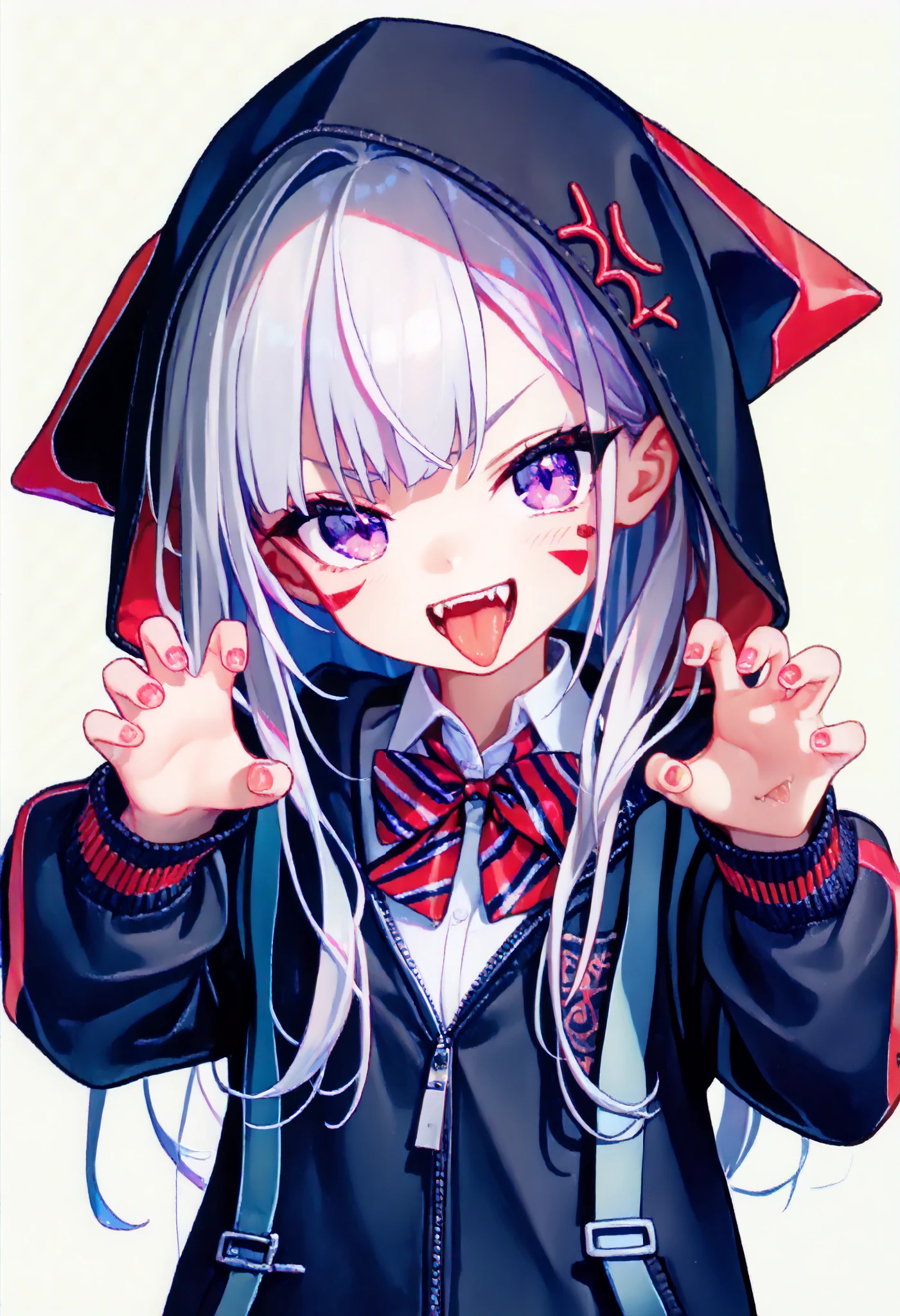 Anime girl with white hair and blue eyes wearing a black hoodie - SeaArt AI