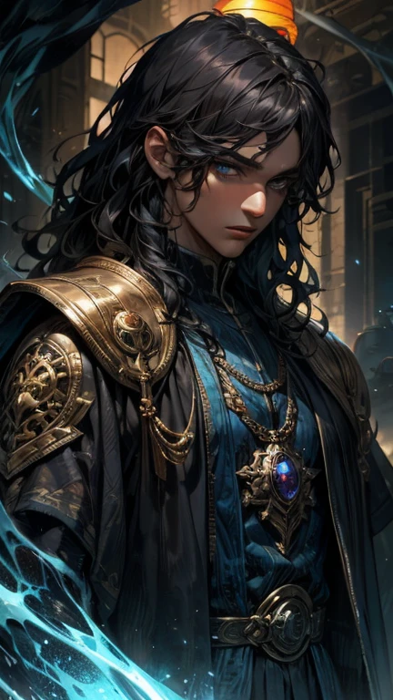  One  Boy、、 The Wizard、black very noble robe 、 Black Wavy Hair 、Blue Sparkling Eyes 、 cane with a large purple jewel at the end、 high definition , accurate,  upper body、 lantern