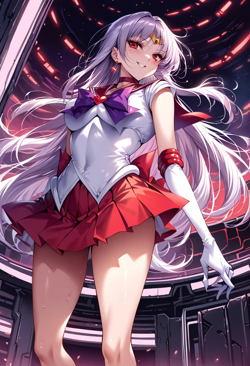 (masterpiece,  best quality,   Very Beautiful ,   Very detailed),   Intricate Details  , 12K, Honestly, Ahhh, Long Hair,   black hair ,   tiara  ,   earrings for one woman ,   metallic shiny red choker  ,   metallic shiny red sailor color ,   purple bow tie  ,   white shirt ,  elbow gloves,  white gloves,   pleated skirt to watch the sunrise,   metallic shiny red skirt  , Bare legs,   standing ,  cowboy shooting alone,,(wicked smile:1.2), 1 person,(  Silver Hair:1.4),( hollow eyes,:1.2),from below ,Futuristic base interior  ,Dark Aura,  Watch Viewers ,(red eyes:1.2),