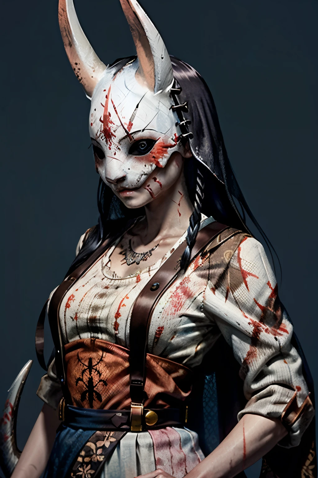  kimono、(masterpiece, best quality) HuntressDBD, 1girl, Alone, long hair, looking at viewer, shirt, black hair, holding, jewelry, upper body, weapon, horns, blood, mask, blue background, ring, fishnets, facing viewer, skull, Horror (Theme), sickle