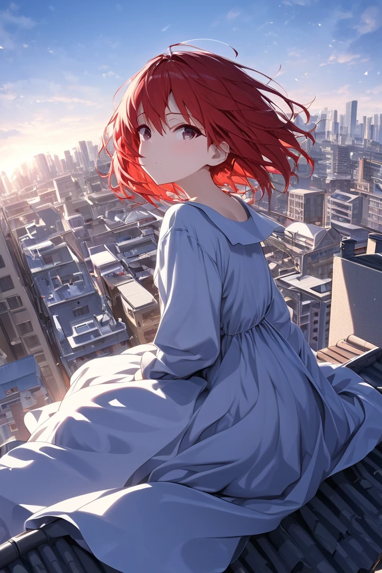 solo,  high definition , male,Ultra Wide Angle,  in a long dress, Sit on the roof and look out over the city, Lots of Buildings ,最 High Quality ,  high definition model ,  High Quality ,  Very detailed, masterpiece,  Ultra High Definition, Red Hair, short hair ,juvenile