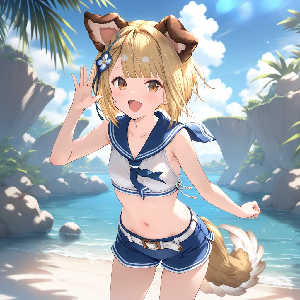 1girl, vajra_(granblue_fantasy), little female, tomboy,short hair, blonde hair, dog ears, brown eyes, beautiful detailed eyes, small breasts,sailor crop top, bikini shorts, white belt, open mouth,  (yawn:0.3),outdoors, wind, game CG break,((artist:shida_kazuhiro)),(artist:mitsumi_misato),(artist:fujiyama),,(masterpiece), (best quality), (ultra-detailed), very aesthetic, newest, beauty illustration,super detailed skin,  (masterpiece), (best quality), (ultra-detailed), very aesthetic lighting,hi res,absurd_res,2023,2024,(shaded),digital media (artwork), realistic lighting, 4k, 8k,