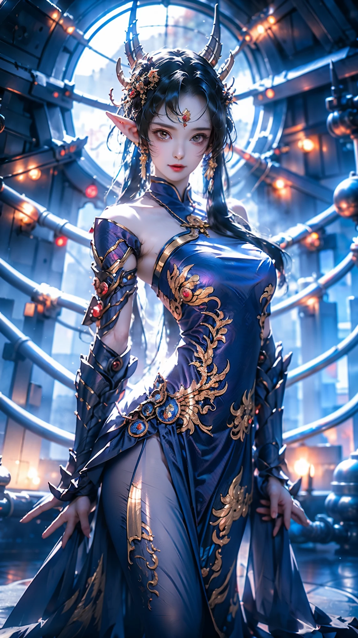 （best quality,masterpiece,Ultra-high resolution,photoactual:4：0),In the ruined castle,beauty,Elegant temperament,an oriental woman,25 years old,8k,Long flowing red hair,Devil's Horn,Big breasts,cleavage,,Wearing red lolita style,Magic Effects,steel sword,Black light on the sword,,Sword Runes