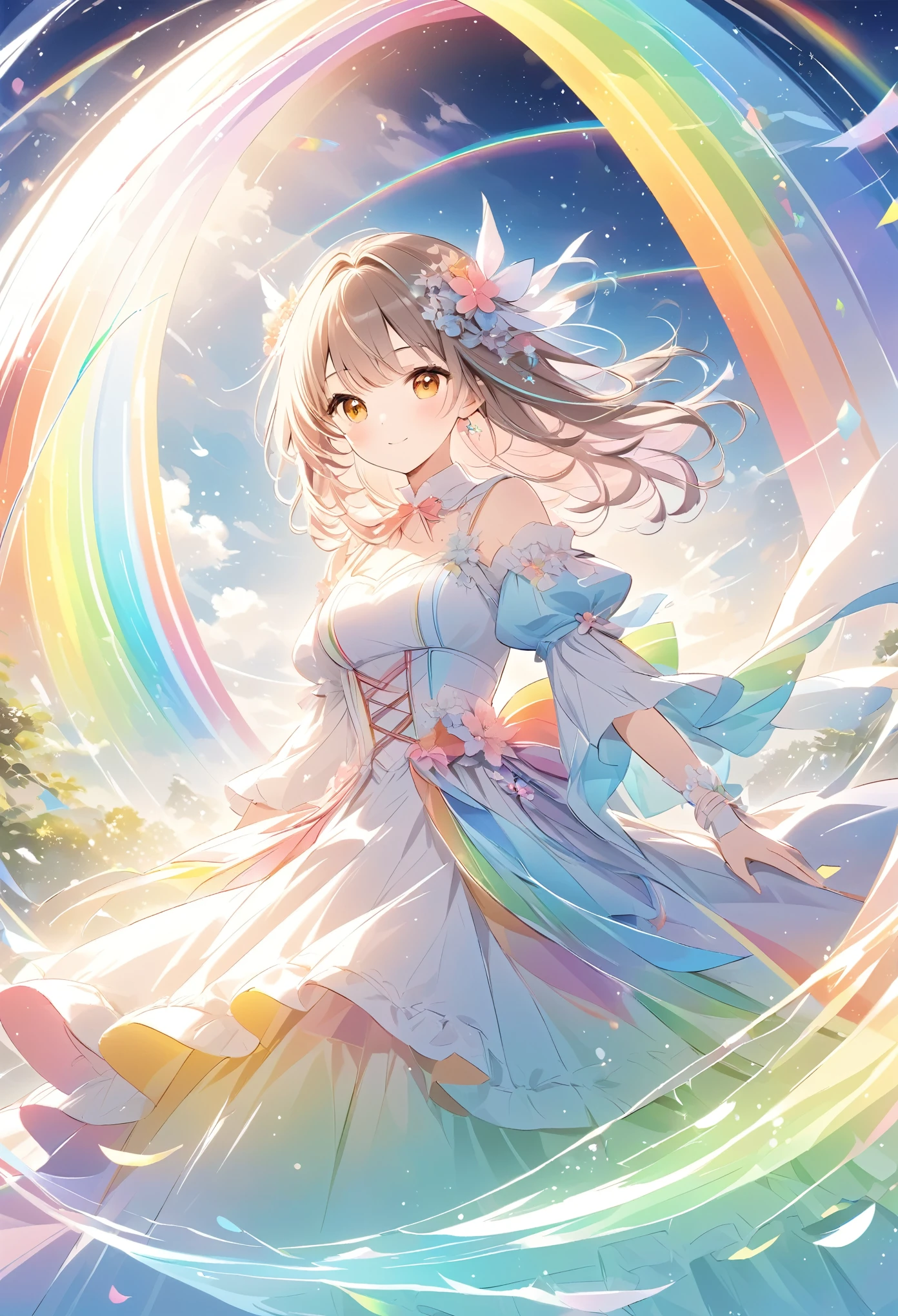 masterpiece, best quality, high resolution, natural lighting, naturally shading, extremely detailed, detailed background, sun, god rays, blue sky, flower field, meadow, white lily field, butterfly, 1girl, cute girl, brown hair, red eyes, white lace dress, dynamic pose, (colorful, vivid color:1.4)