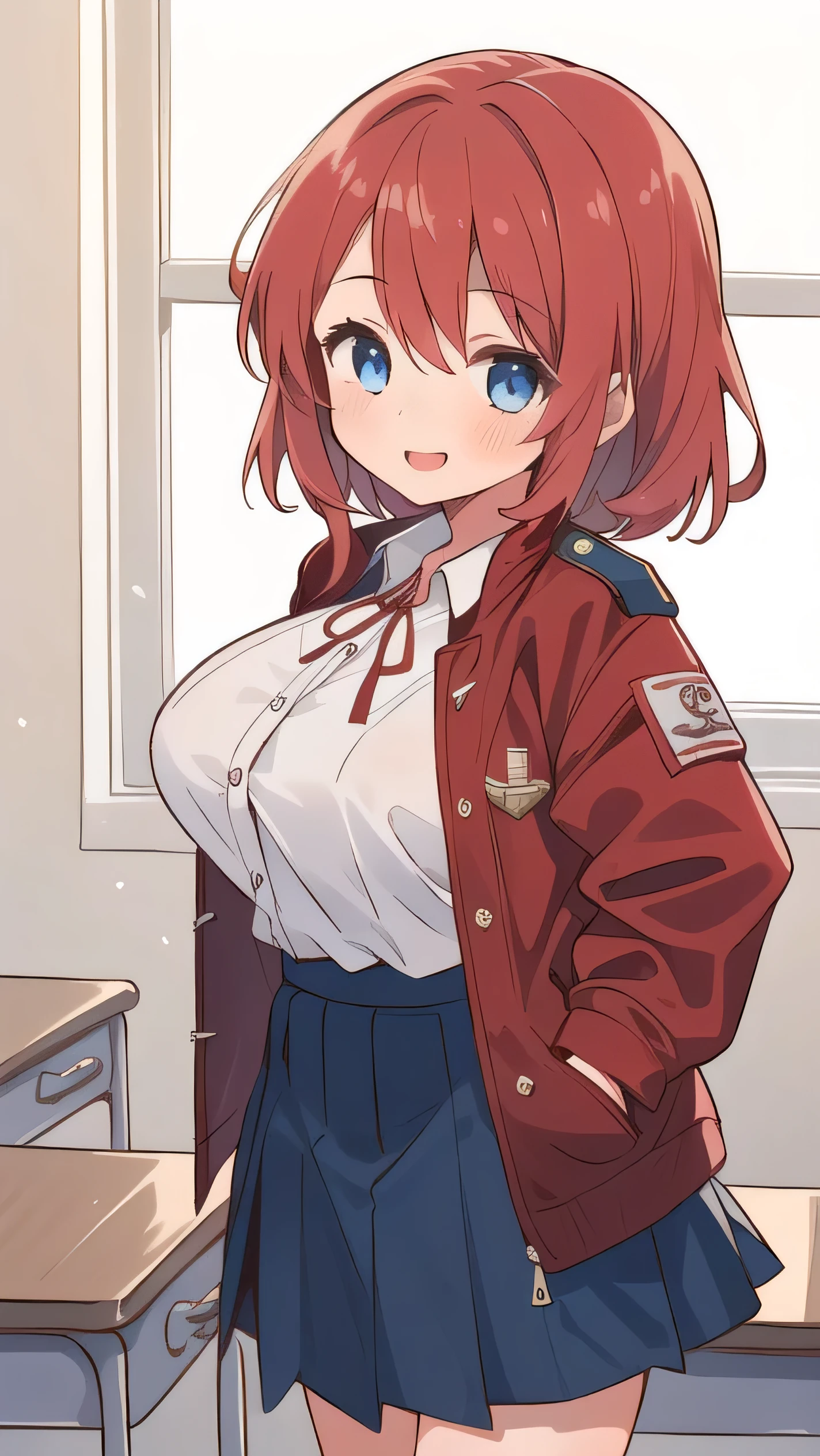 (1girl:1.7), (little female :1.6), ((li:1.4)) ， ,(very short height:1.5), (red hair:1.3), blue eyes, droopy eyes, (red jacket:1.3), long sleeves, (navy skirt:1.2), (super big breasts:1.4), (medium hair: 1), baggy clothes,young face, short height, , shy Agari, smiling a little, white shirt, (straight hair:1.2) , gentle smile, a little smile ，classroom