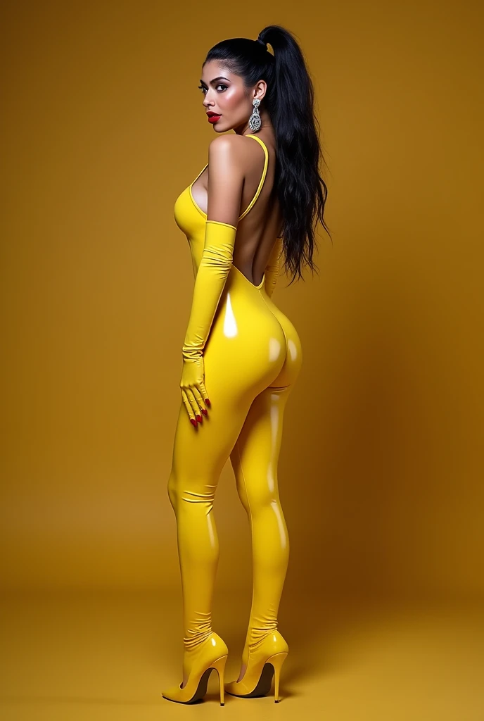 4k, high quality, hdr, uhd, high definition, beautiful, sexy, hot, perfect, muscular, slut, wet hair, slim thicc, perfect body, accentuated curves, femininity, tight, full body picture, high heel boots, Orange colored latex catsuit, body hugging, second skin, thick lips, wet body, cool lighting, shiny, latex choker
