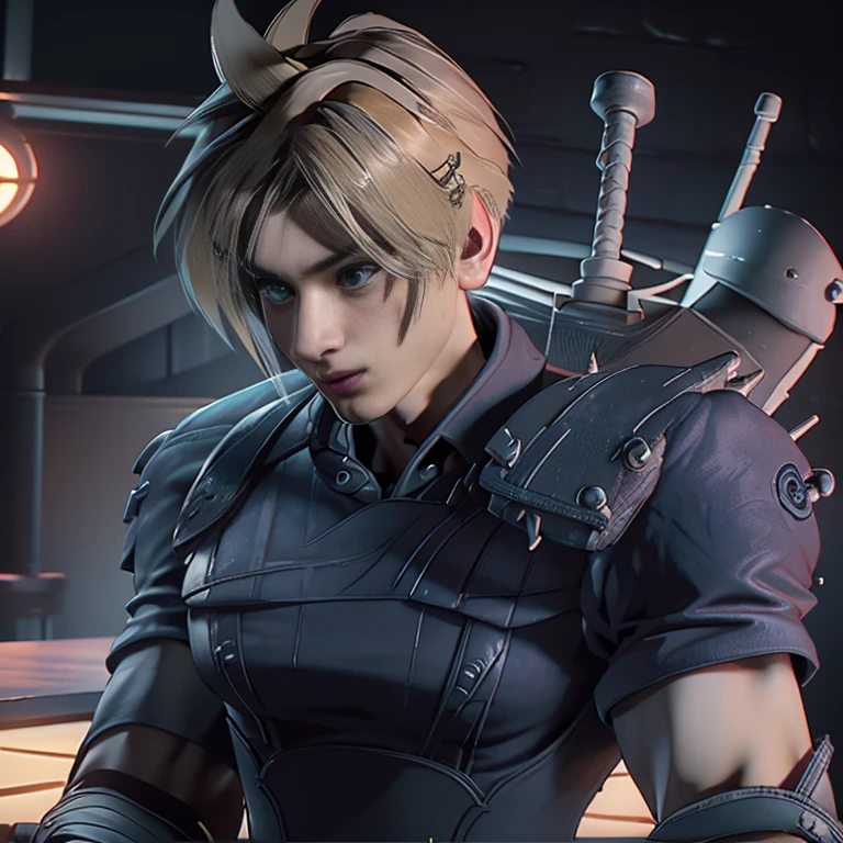 (    Highly Detailed CG), (    best quality ), (    Highly Detailed CG), (    best quality ), ((Cloud Strife), (Overall view) SWAT Clothing, beautiful and attractive young man,    Stronger muscles  