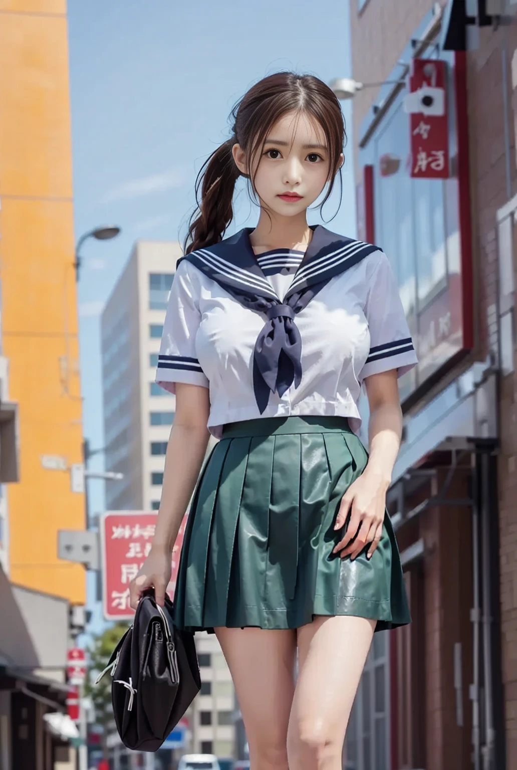  sailor suit 、White summer clothes、The collar is black 、Lapel White 3 Lines、 sailor suit の丈は短い、 the red scarf is short、 black pleated skirt、 the pleats are narrow 、 black skirt、 length short skirt 、 miniskirt、Beautiful breasts、Big Breasts、Busty、超Big Breasts、Small waist、Short torso、 long foot、The shoes are brown leather shoes、Socks are white、Socks are long、