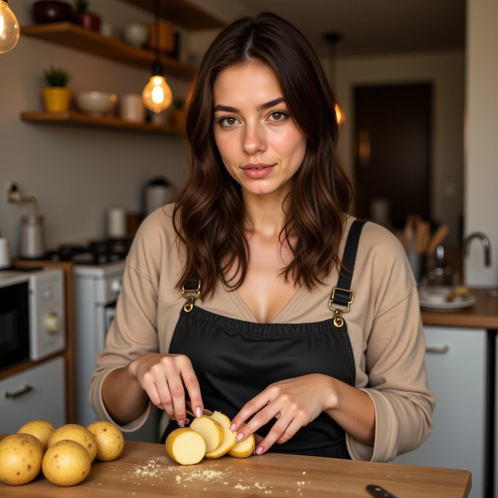 a young woman named Isabella peeling potatoes to prepare lunch, beautiful detailed eyes, beautiful detailed lips, extremely detailed face and skin, long eyelashes, warm and cozy kitchen interior, soft natural lighting, photorealistic, intricate details, masterpiece, 8k, high resolution