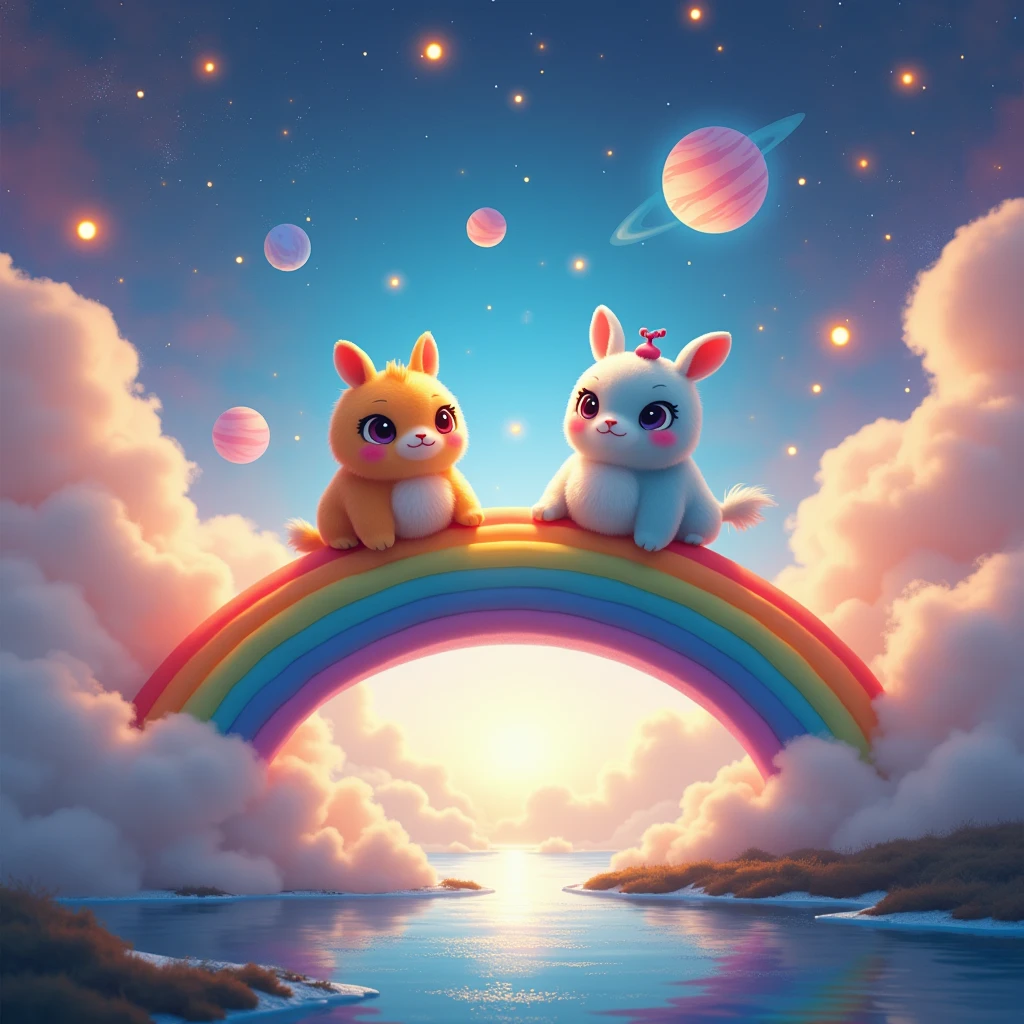 ((стиль Pixar,UHD)) (( two different funny fantastic creatures crossing the rainbow))   from one mystical and fanalistic coast to the other side (, the other coast looks like the modern real world , between the shores of a sea of stars and planets ( the universe instead of water between two shores ,  in the background, behind the rainbow, soft and gentle clouds ,incredibly cute kind style ,Pixar, high quality,cuteness,