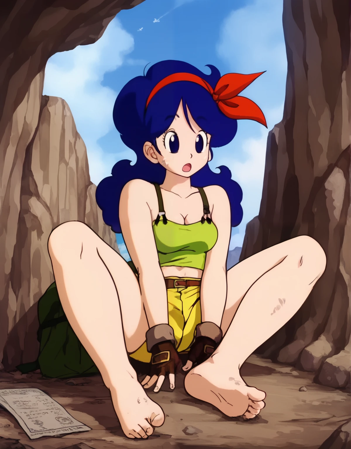 source_anime, score_9, score_8_up, score_7_up, anime screencap, high quality, launch good, 1girl, solo, blue hair, breasts, fingerless gloves, shorts, from below, blue eyes, cleavage, green crop top, long hair, sky, open mouth, cloud, curly hair, blue sky, midriff, day, medium breasts, outdoors, :o, brown gloves, ribbon, short shorts, red hairband, bare shoulders, sitting, collarbone, yellow shorts, shirt, barefoot, focus on feet, soles, looking at another, eyelashes, dirty, dirty face, canyon, sweatdrop