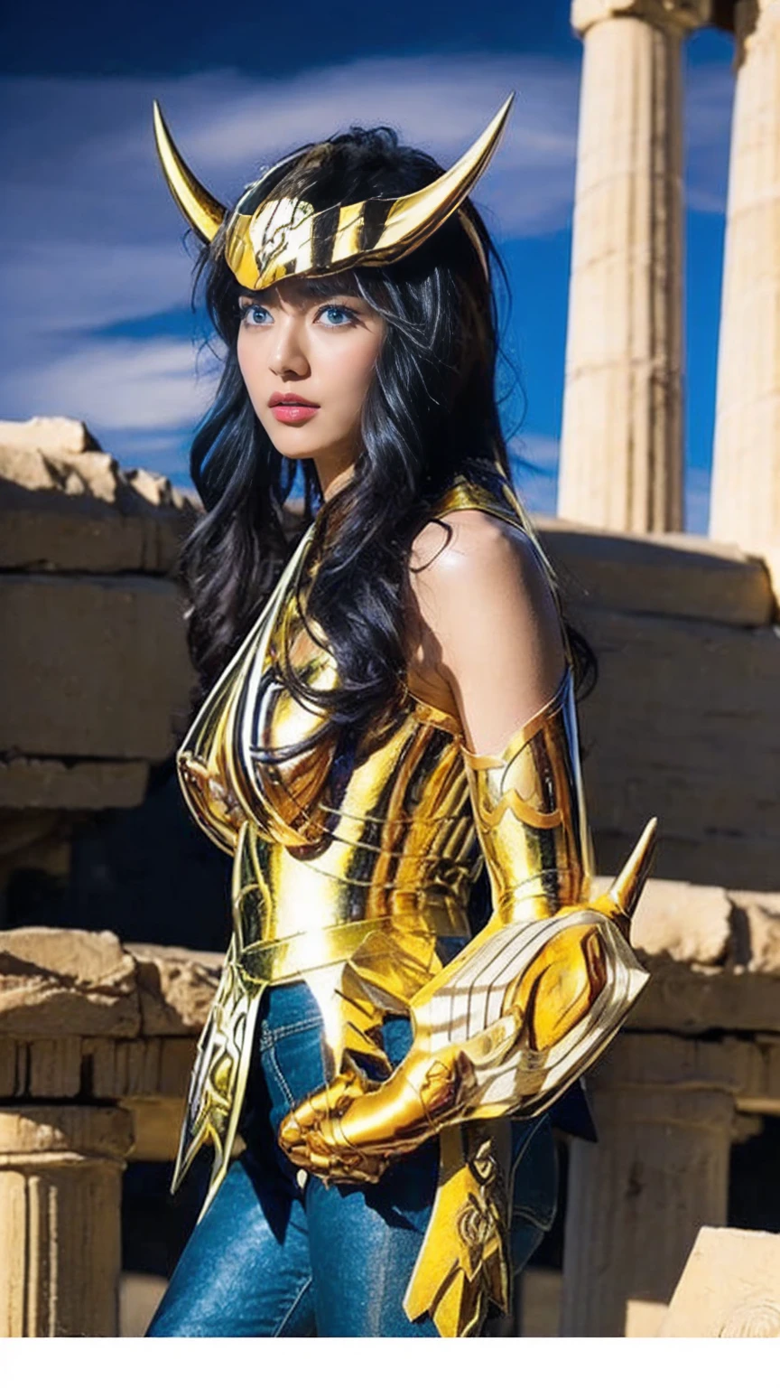 masterpiece,  please redeem , 超 high definition , Realistic skin texture,  Armature , (Realistic:1.4),  high definition ,  RAW photo,  1 girl, shiny skin, ( Details Skins :1.2), Realistic skin texture, Best writing, I'm wearing blue pants, (Perfect breasts:1.3), Shine, Gold Armor,(blue long disheveled hair ),  and is wearing a gold helmet,  Dramatic Lighting,  dynamic pose, ( Greek temple background :1.3), Night Sky, universe, milky way, (Right hand index finger only has long red nails ),( pointed shoulder armor )