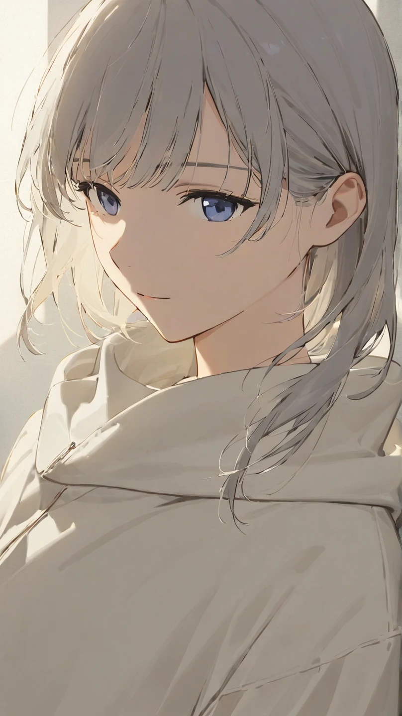 A calm and introspective young woman with short, slightly tousled light gray hair that has a faint bluish tint. Her hairstyle is sleek yet casual, with soft layers that frame her face and add a boyish, androgynous charm. She has a serene expression with a subtle, gentle smile, exuding an ethereal and mysterious atmosphere. Her outfit is minimalist and casual, incorporating modern streetwear elements, such as an oversized hoodie or a plain t-shirt with relaxed-fit pants in neutral colors. The scene is softly lit with natural light, creating a tranquil and dreamy mood that emphasizes her quiet yet captivating presence.