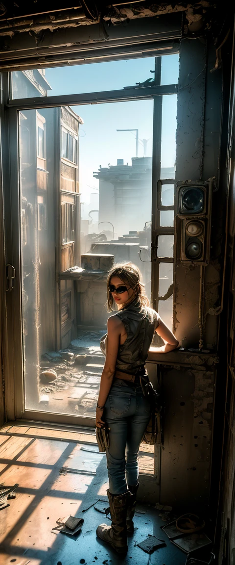 ((masterpiece,  best quality by the window, HIGHEST QUALITY IMAGE ,  high resolution,  Photorealistic , RAW photos, 8k)), (( Highly Detailed CG Integrated 8k Wallpaper )),  Wasteland After Nuclear War , Mad Max's World , She is standing wearing khaki sleeveless and jeans, (( Adderskin Eye Patch )),  Fallen Buildings Are Being Swallowed by the Desert ,  Ruins Covered with Dust and Sand , 