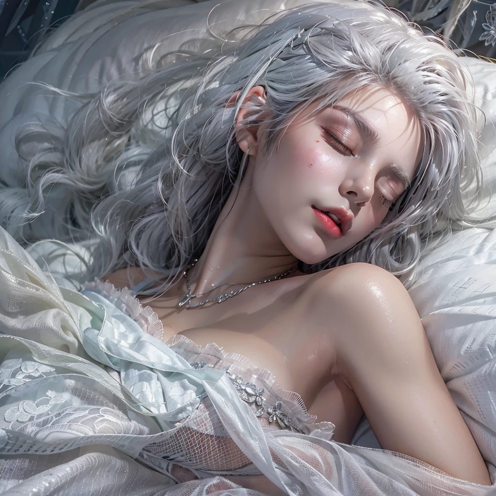 artist by Megan Hess,1girl,elegance,beautiful,
silver hair,unbelievably long hair,lie on your side,a large bed covered with white crushed feathers,eyeshadow,lipstick,fair_skin,divine top light,crushed feathers,pile of feathers,lots of feathers,flying,float,
