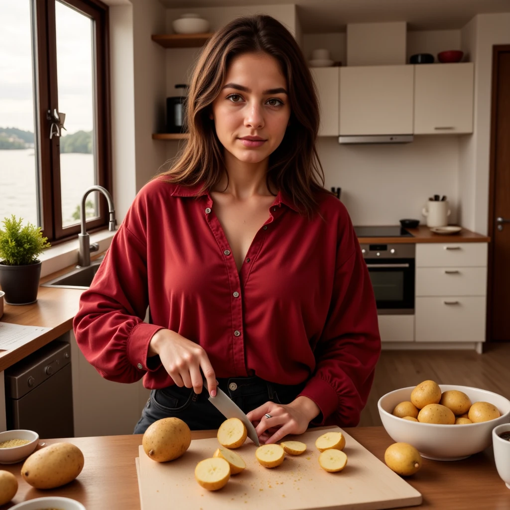 a young woman named Isabella peeling potatoes to prepare lunch, wearing an oversized red shirt,beautiful detailed eyes, beautiful detailed lips, extremely detailed face and skin, long eyelashes, warm and cozy kitchen interior, soft natural lighting, photorealistic, intricate details, masterpiece, 8k, high resolution