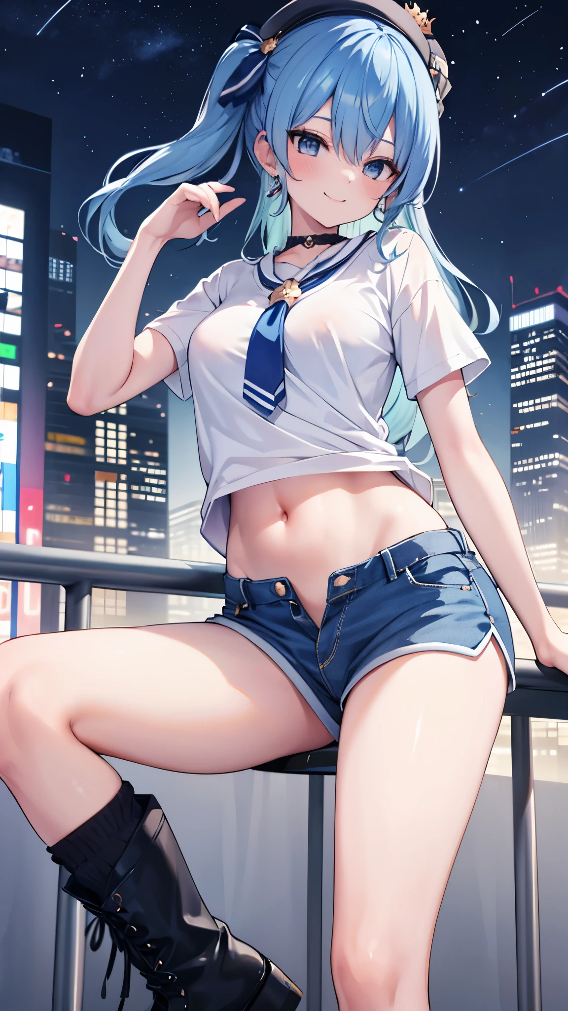 (8k、Best image quality、highest quality)、Detailed face、 1teen_girl、Blue Hair、Long Hair、sideponytail、dark_blue_eyes、smile,(peek_navel:0.7),(small_breasts:0.8),(White_T-shirt:1.3)、Off_shoulder、Black shoulder straps、(open_front_shorts,denim_short_shorts:1.2)、City Background, starry_sky_landscape ,hoshimachi suisei, (belly_button:1.2),nihil,solo,stargaze,girl_looking_up_sky,slender,solo,boots,abs, tight_waist, point_to_sky,slender_thighs,knees