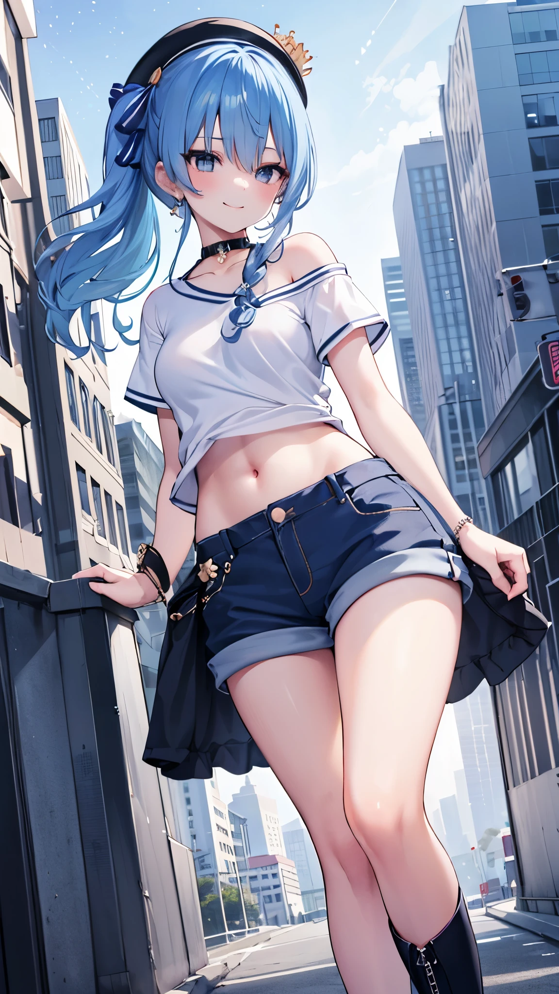 (8k、Best image quality、highest quality)、Detailed face、 1teen_girl、Blue Hair、Long Hair、sideponytail、dark_blue_eyes、smile,(peek_navel:0.7),(small_breasts:0.8),(White_T-shirt:1.3)、Off_shoulder、Black shoulder straps、(open_front_shorts,denim_short_shorts:1.2)、City Background, starry_sky_landscape ,hoshimachi suisei, (belly_button:1.2),nihil,solo,stargaze,girl_looking_up_sky,slender,solo,boots,abs, tight_waist, point_to_sky,slender_thighs,knees