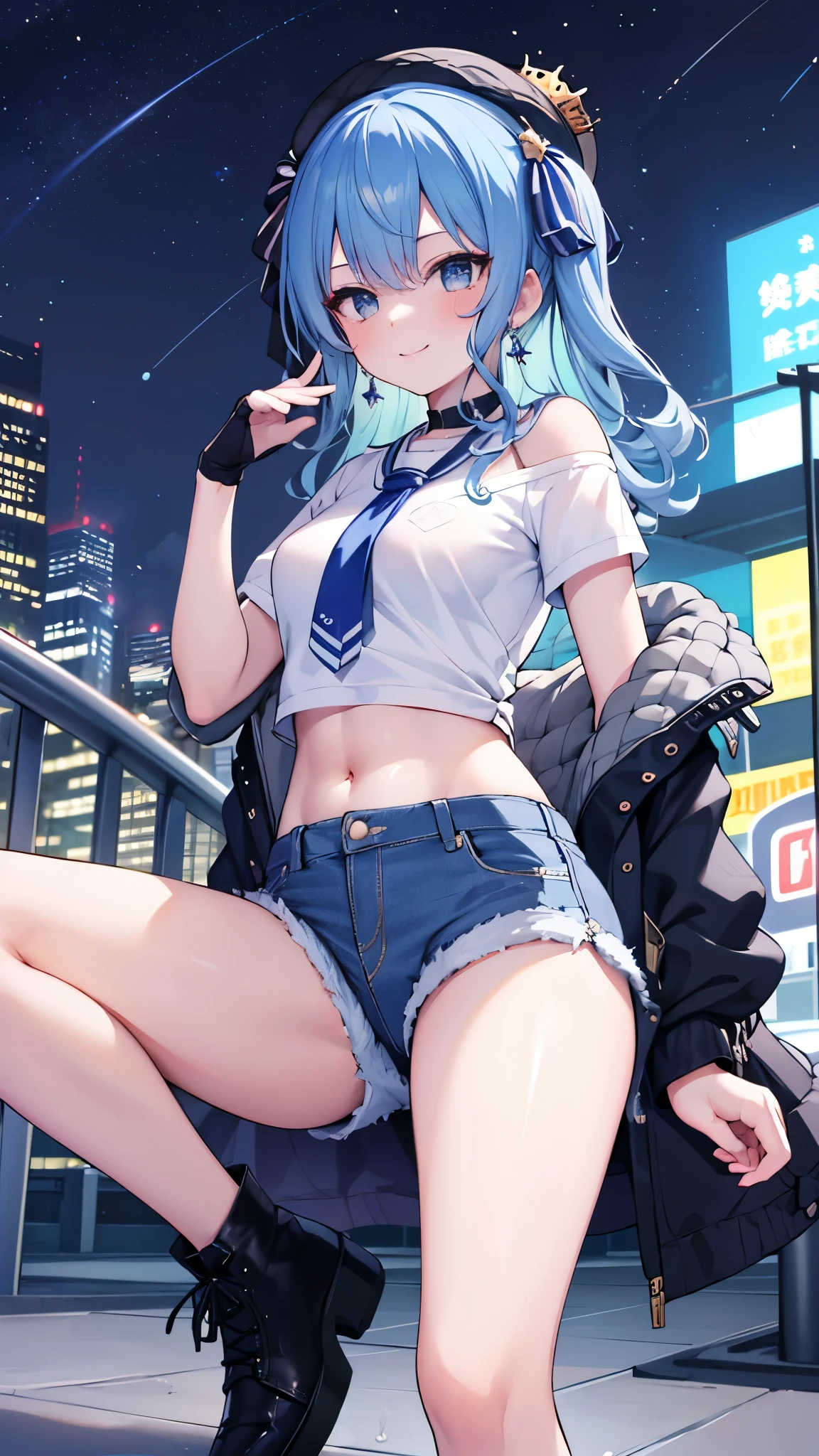 (8k、Best image quality、highest quality)、Detailed face、 1teen_girl、Blue Hair、Long Hair、sideponytail、dark_blue_eyes、smile,(peek_navel:0.7),(small_breasts:0.8),(White_T-shirt:1.3)、Off_shoulder、Black shoulder straps、(open_front_shorts,denim_short_shorts:1.2)、City Background, starry_sky_landscape ,hoshimachi suisei, (belly_button:1.2),nihil,solo,stargaze,girl_looking_up_sky,slender,solo,boots,abs, tight_waist, point_to_sky,slender_thighs,knees