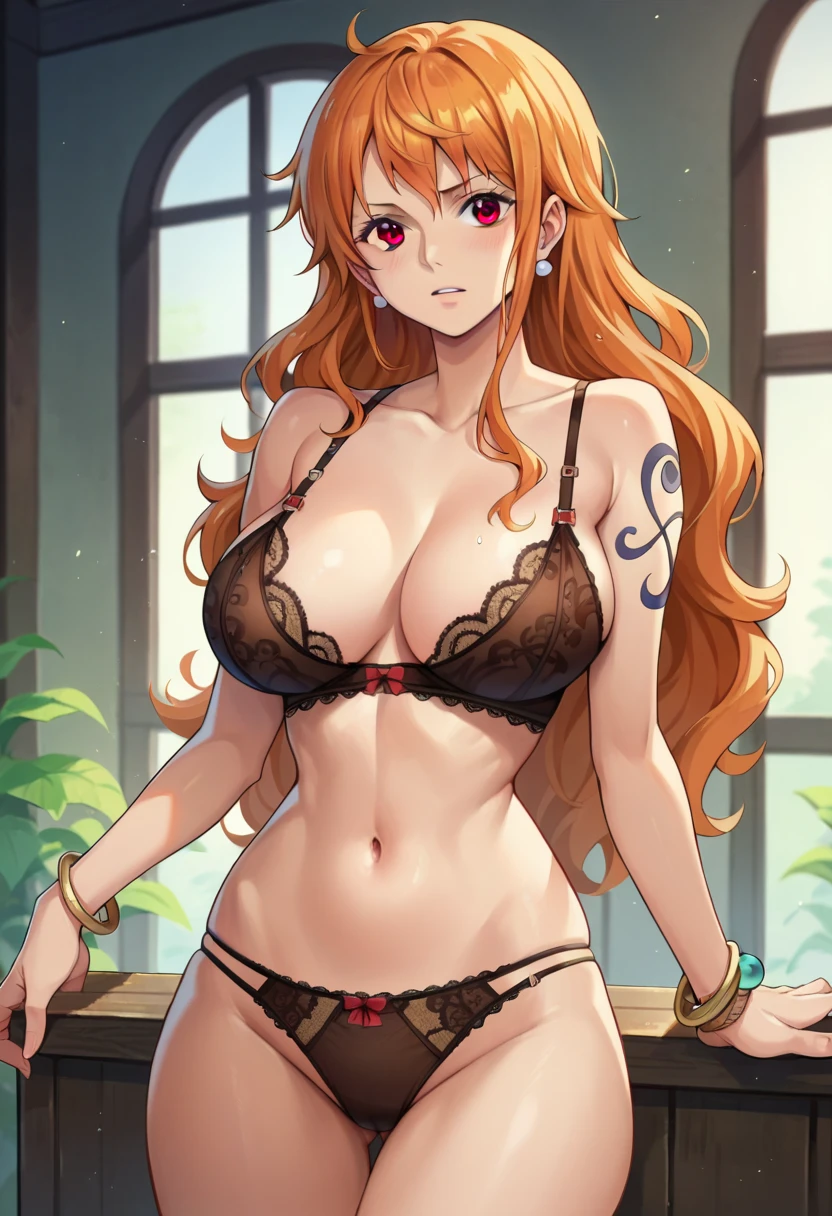 nami_post, orange hair, long hair, wavy hair, side locks, brown eyes, large breasts, shoulder tattoo, groin, bracelet, bangle, brown lace bra, brown panties