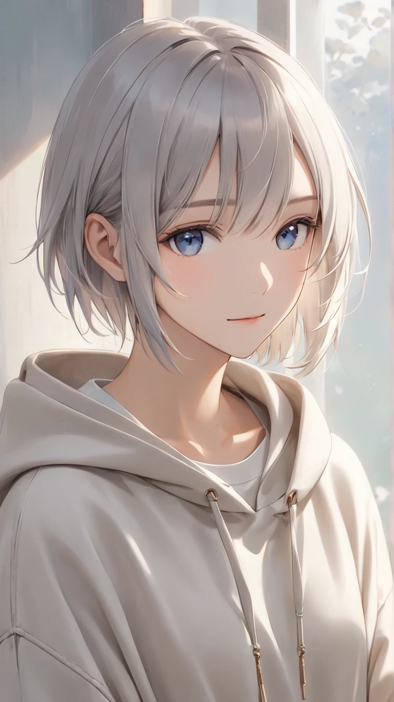 A calm and introspective young woman with short, slightly tousled light gray hair that has a faint bluish tint. Her hairstyle is sleek yet casual, with soft layers that frame her face and add a boyish, androgynous charm. She has a serene expression with a subtle, gentle smile, exuding an ethereal and mysterious atmosphere. Her outfit is minimalist and casual, incorporating modern streetwear elements, such as an oversized hoodie or a plain t-shirt with relaxed-fit pants in neutral colors. The scene is softly lit with natural light, creating a tranquil and dreamy mood that emphasizes her quiet yet captivating presence.