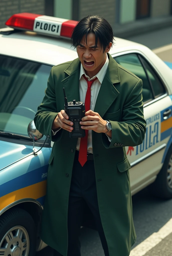 困っている男性 at side of police car,  scream and use transceiver, moss green big long coat, white shirt, red neck tie, Japan style police car, transceiver with code connected police car, view up, from above,