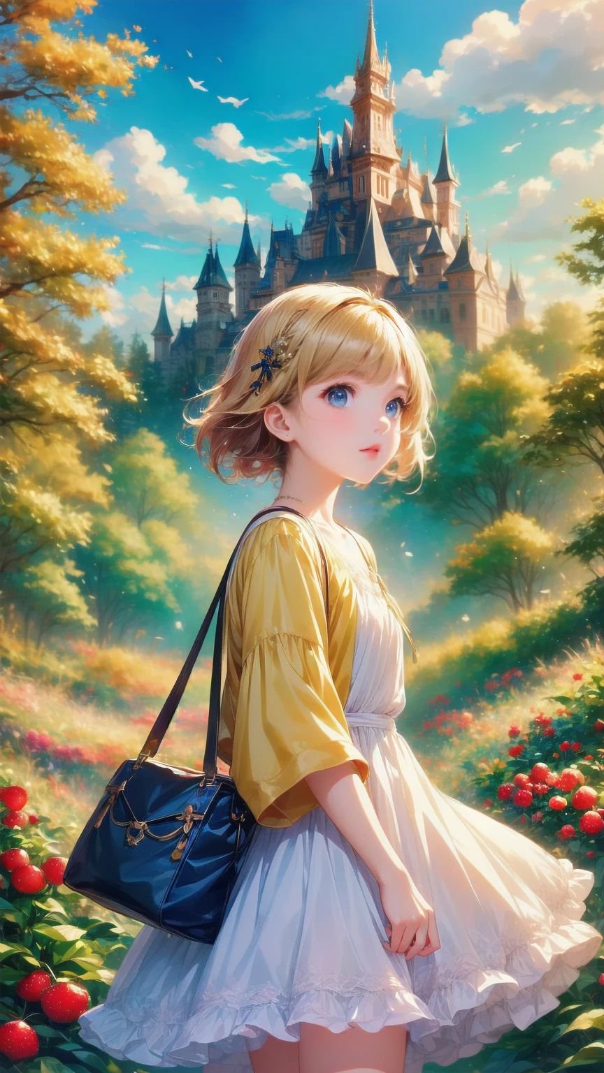  dark circles under eyes , bag, 1 girl ,Alone,Cute animation,look at me,Yellow short hair, Food, Foodie, Tim Burton style , dark circles under eyes  A young girl embarks on a journey through an enchanted forest,  leading to a majestic castle with majestic spires and cherry trees . bag Food Tim Burton Style Foodie yellow hair  1 girl  1lady 1woman strawberry castle from back