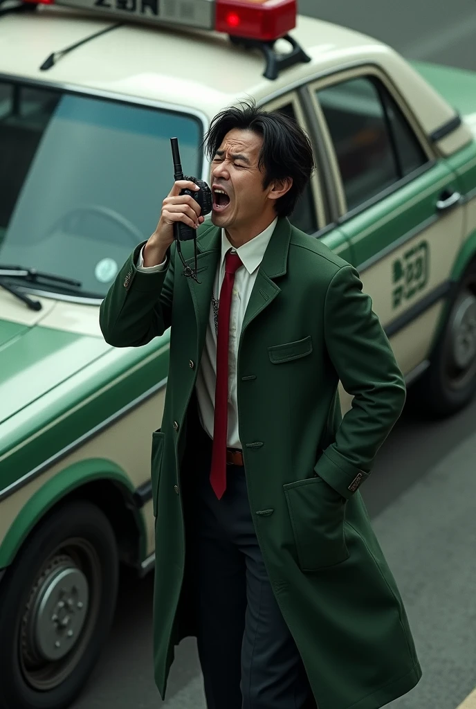 困っている男性 at side of police car,  scream and use transceiver, moss green big long coat, white shirt, red neck tie, Japan style police car, transceiver with code connected police car, view up, from above,