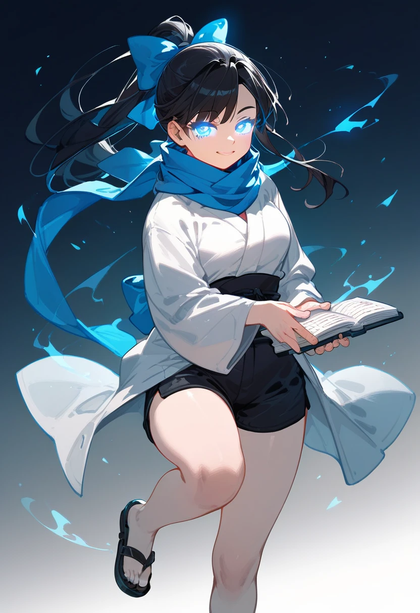 Black Haired Girl,Long hair,Ponytail, in blue eyes,Yukata set,Aggressive page,, put on the dumpling shoes.,thigh,stand,, wearing black shorts,Blue scarf,samurai,iaidow post ,Black Aura,ready to draw post,smile,Glowing eyes