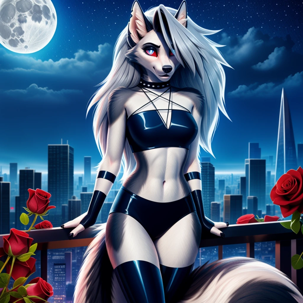 masterpiece, highest quality, (solo focus), (perfect face:1.1), (high detail:1.1), (hyper detailed eyes), dramatic, (1guy:0.5), (pale skin), long hair, ethereal eyes, (light eyebrows), solo, long hair, Loona Hellhound, moon, night, white luxury suit, covered navel, pouty lips, fur, proud expression, futuristic city, detailed background, art by artgerm, cinematic lighting, roses, fashion. 