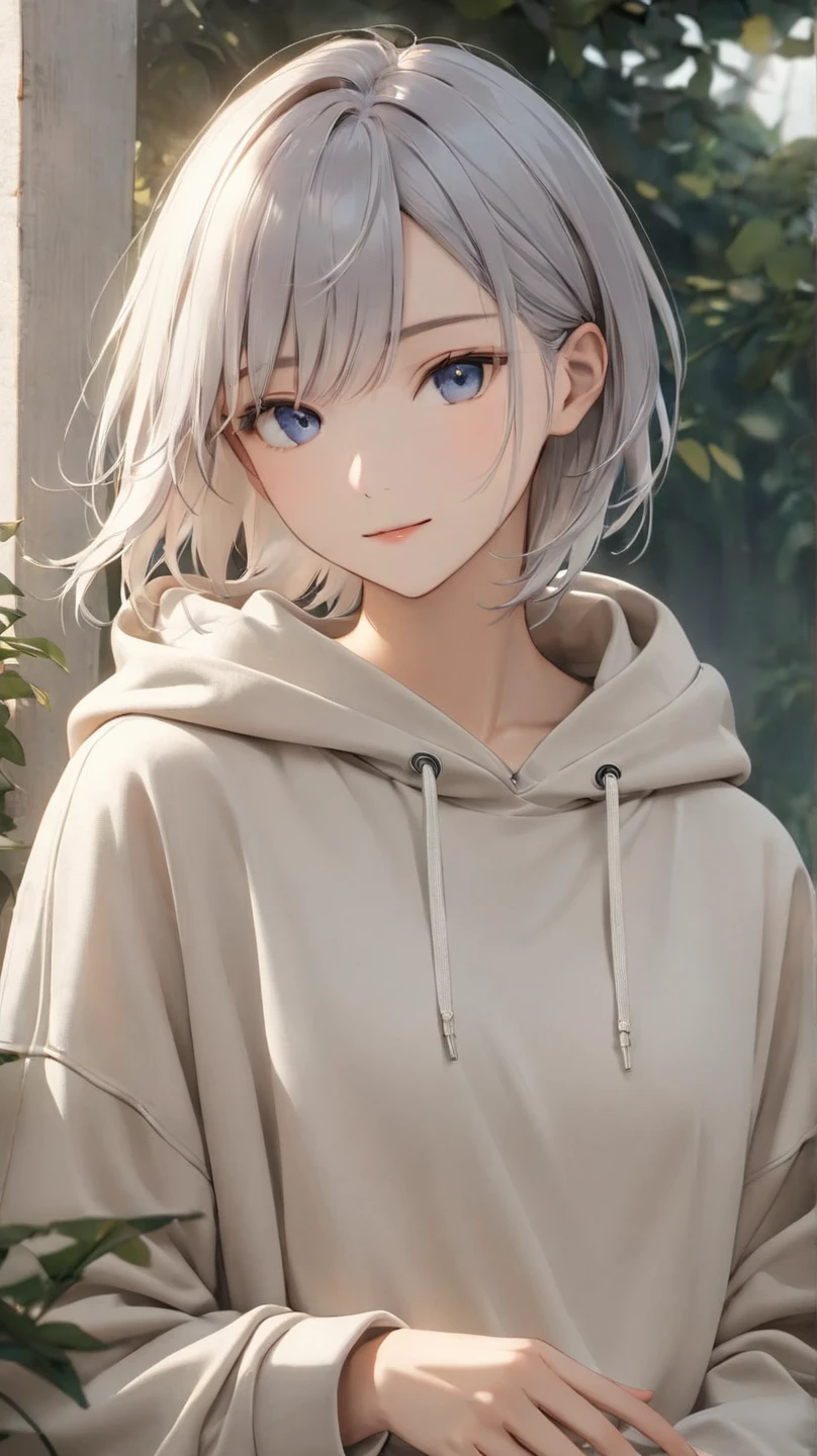 (8k, best quality, masterpiece:1.5), a calm and introspective young woman, short slightly tousled light gray hair with a faint bluish tint, sleek and casual hairstyle with soft layers, boyish and androgynous charm, serene expression, subtle and gentle smile, minimalist and casual outfit, modern streetwear elements, oversized hoodie or plain t-shirt, relaxed-fit pants in neutral tones, soft natural light, tranquil and dreamy mood, ethereal and mysterious atmosphere