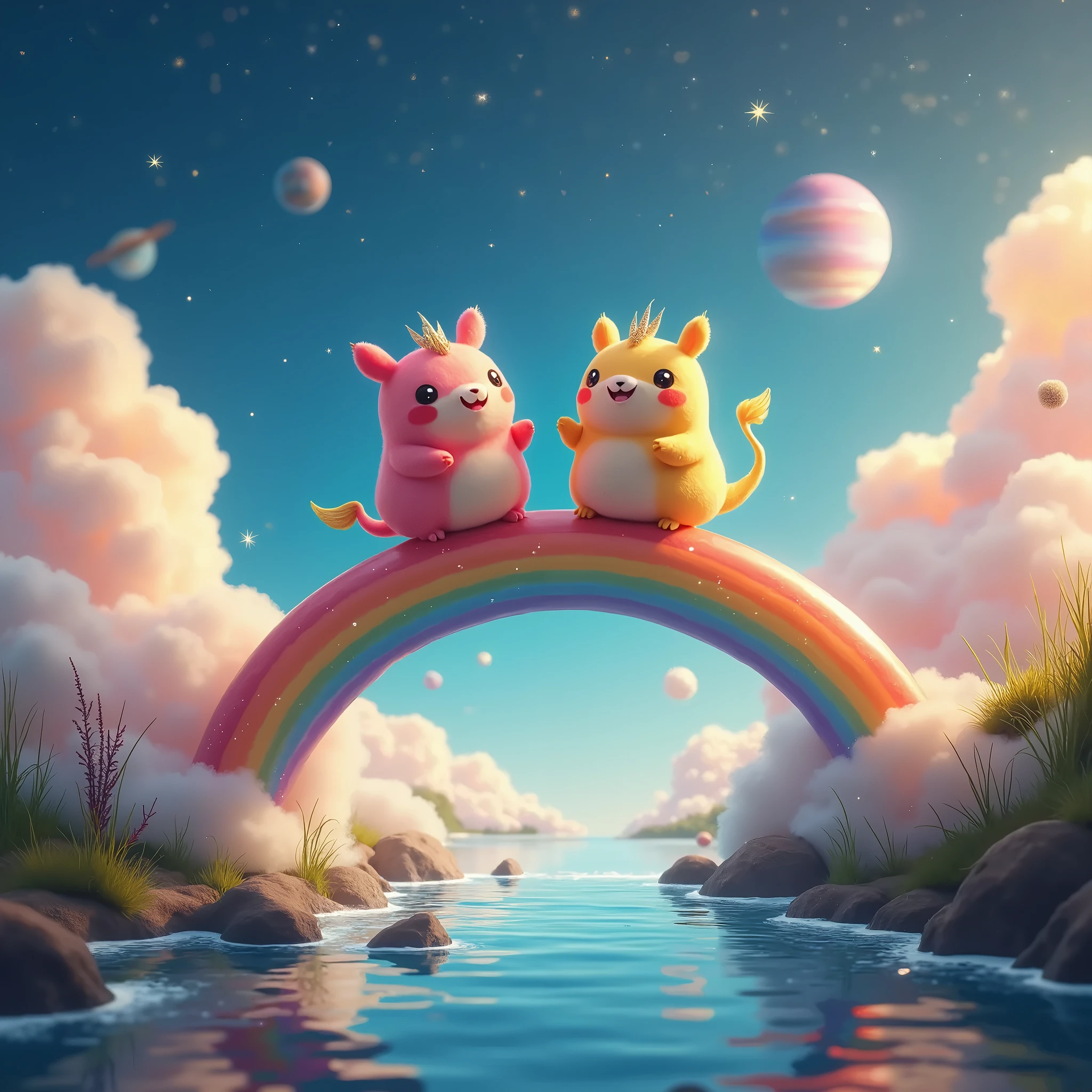 ((стиль Pixar,UHD)) (( two different funny fantastic creatures crossing the rainbow))   from one mystical and fanalistic coast to the other side (, the other coast looks like the modern real world , between the shores of a sea of stars and planets ( the universe instead of water between two shores ,  in the background, behind the rainbow, soft and gentle clouds ,incredibly cute kind style ,Pixar, high quality,cuteness,