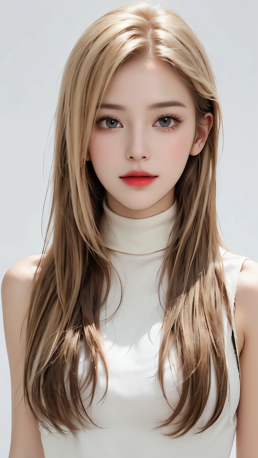 (((forehead、Northern Europe、White、beautiful girl、ホワイトblonde、Blonde、White Background、High neck sleeveless、cute、young、True Face、Shiny Hair、whole body)))、Tabletop, Highest quality, shape, Very detailed, finely, High resolution, 8k wallpaper, Perfect dynamic composition, finelyて美しい目, Deco Out,blonde, chest, Natural color lip,White Background, random cute poses,