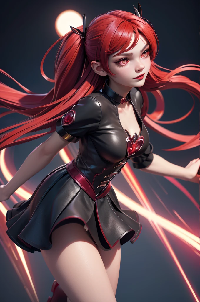 magical girl of blood, mahoushoujo, teen, girl, young girl, young face, Red eyes, red lips, black and red hair, mahou shoujo hairstyle, (Create a great atmosphere)，Mahou Shoujo scarlet dress, Mahou Shoujo short dress, vampire theme, Perfect skin, (One, full figure), Full of texture, Hot rendering, Immersive visual pleasure，((Best quality)), ((the masterpiece)), maximum resolution, Multilayer textures， ultra - detailed， Illustration，（super detailed face)，（this is the perfect face）， finely detailed textures， Ultra HD display with detail， excellent image quality，Perfect fit and harmonious tones，deep lines，Precise strokes，A strong sense of three-dimensionality， Wonderful color scheme，complex parts