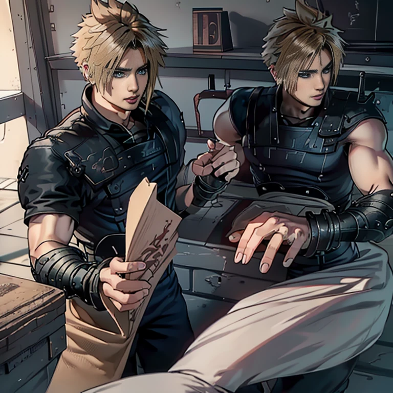 (    Highly Detailed CG), (    best quality ), (    Highly Detailed CG), (    best quality ), ((Cloud Strife), (Overall view) SWAT Clothing, beautiful and attractive young man,    Stronger muscles  