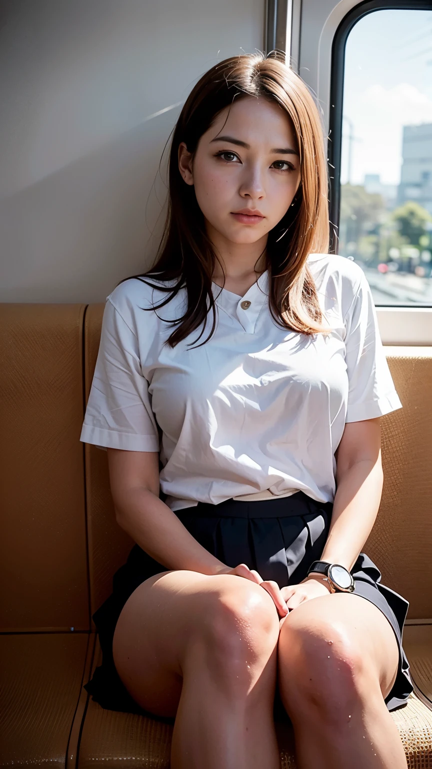 (Girl sitting on a seat on a Japanese train:1.2、Sit in a chair on the train、face to face、Sit with your legs apart、Spread your legs:1.2)、((Landmine fashion、Blouses with ruffles、(black flared skirt:1.2)、Knee-high socks、sneakers、Detailed white panties are visible)、(Realistic、Like a photograph、Live Action、8k, Realistic, RAW Photos, Best image quality: 1.4), Single-lens reflex camera、RAW Photos, Highest quality, Realistic, Highly detailed CG Unity 8k wallpaper, Written boundary depth, Cinematic Light, Lens flare, Ray Tracing, Realistic background、((Ultra-Dense Skin))、16-year-old girl,Cute Japanese Girl、(whole body:1.5)、Very detailedな顔，avert your eyes:1.1、(Long Hair:1.2、Hold your hair in place with a hair clip)、I like that style、stylish、Very detailed、Pay attention to the details、Perfect outfit、(Sunburned skin)、Front view、Accurate hands、Accurate legs、Detailed hands and fingers、Anatomically correct body、Thin legs、Thin thighs、Small breasts、Super detailed face