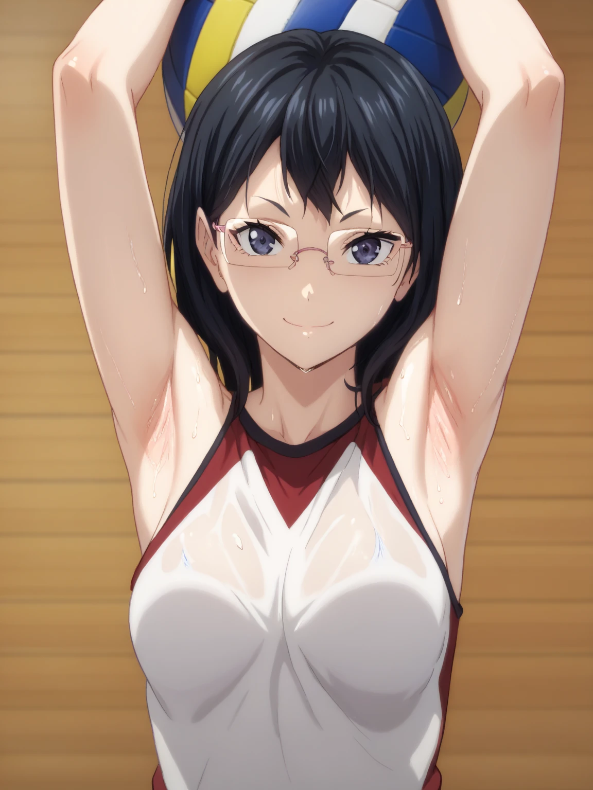 score_9, score_8_up, score_7_up, source_anime, shimizu, black eyes, black hair, medium hair, medium breasts, volleyball outfit, looking at viewer, glasses,eye contact with viewer, smile, (smug:0.8), closed mouth, light blush, bare shoulders, bare arms, arms up, raised arms, arms behind head, armpits, sweaty armpits