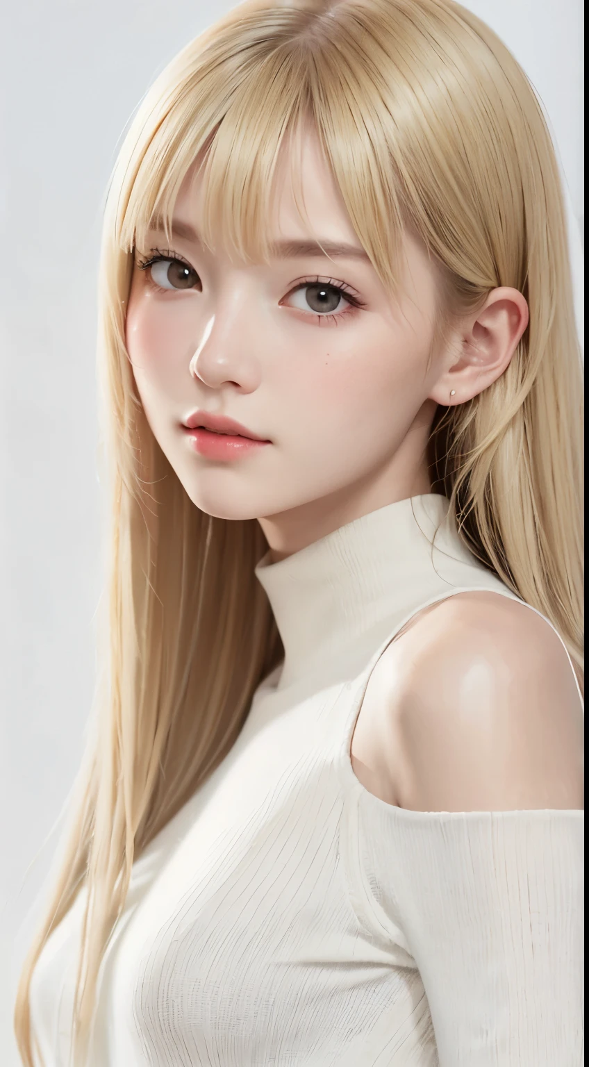 ((((blonde、Ivory-colored hairの毛、white background))))、Smile、Raw photography、(((Ultimate Beauty Portrait)))、((glistning skin))、girl1人、beautiful girl in Prague、close-up of upper body、baby face、1girl in, age19, Solo, Long hair、white background、beautiful girl、west、half face、well-groomed face、beautiful girl、anime face、girl,high neck、off shoulder、Tight Skirt,long ivory hair,Ivory-colored hair、Ivory-colored hairの毛,glossy pink lips,white skin,,blue sky,sunlight shining down on her,,There&#39;s a faint smile on her face,detailed and vivid,high resolution images,photorealistic rendering,Bright colors,soft and warm lighting, simple background、white background