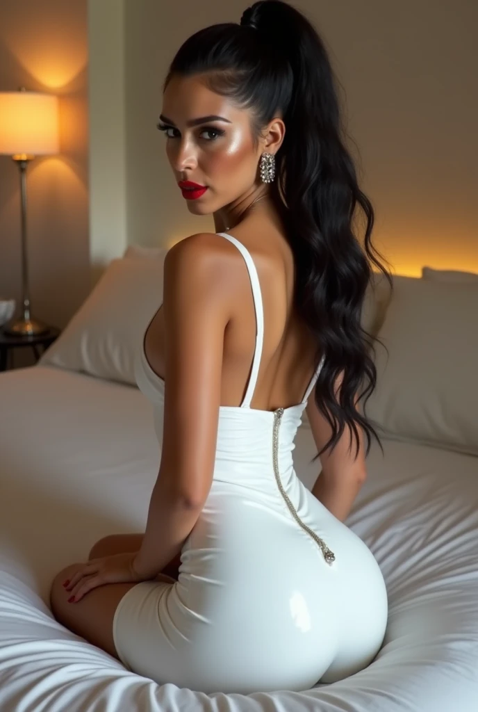 Slender 18 year old arab teen, long straight hair, heavy makeup, eyeshadow, tight white slutty dress, short skirt, expose her stunning ass, arched pose, modern rich house and dimly lit bedroom, erotic atmosphere, sexy pose, upskirt, thin legs