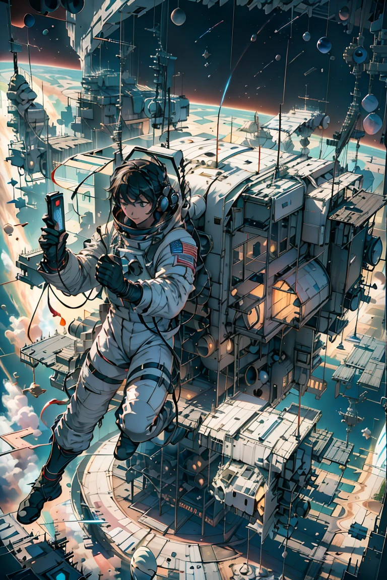 Futuristic space station floating in orbit, Many satellites and spacecraft fly around the space station, A boy in a spacesuit gazes at the space station High Resolution